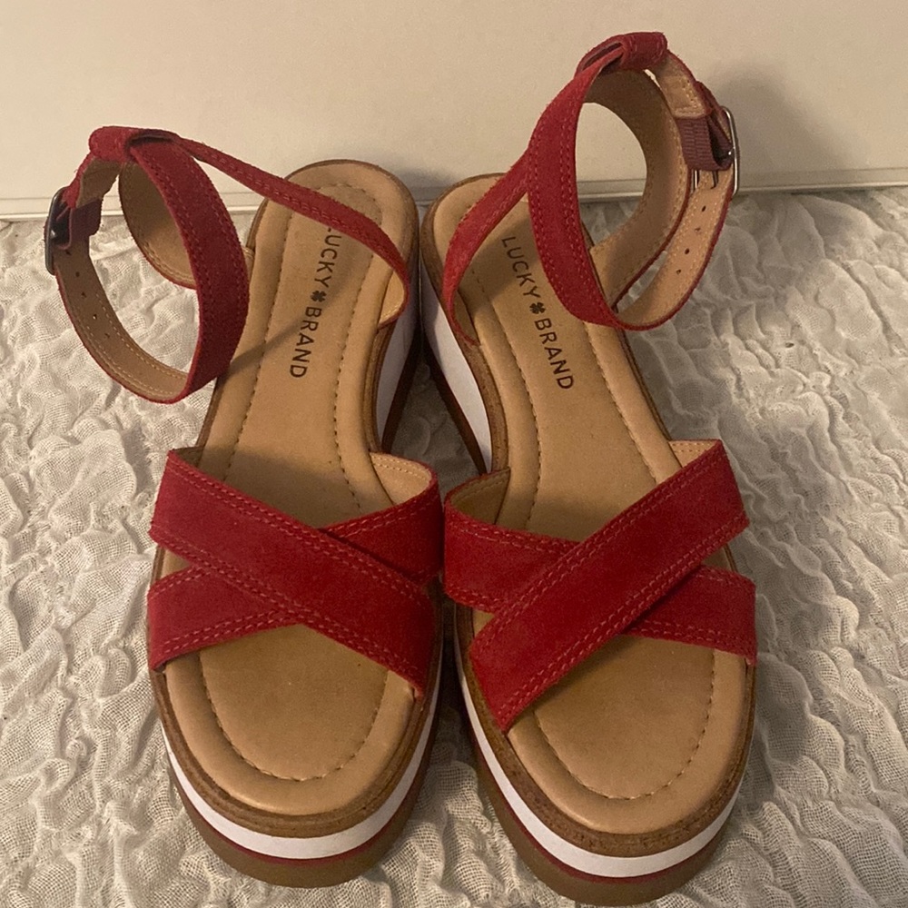 Lucky Brand red suede sandals size 7.5.